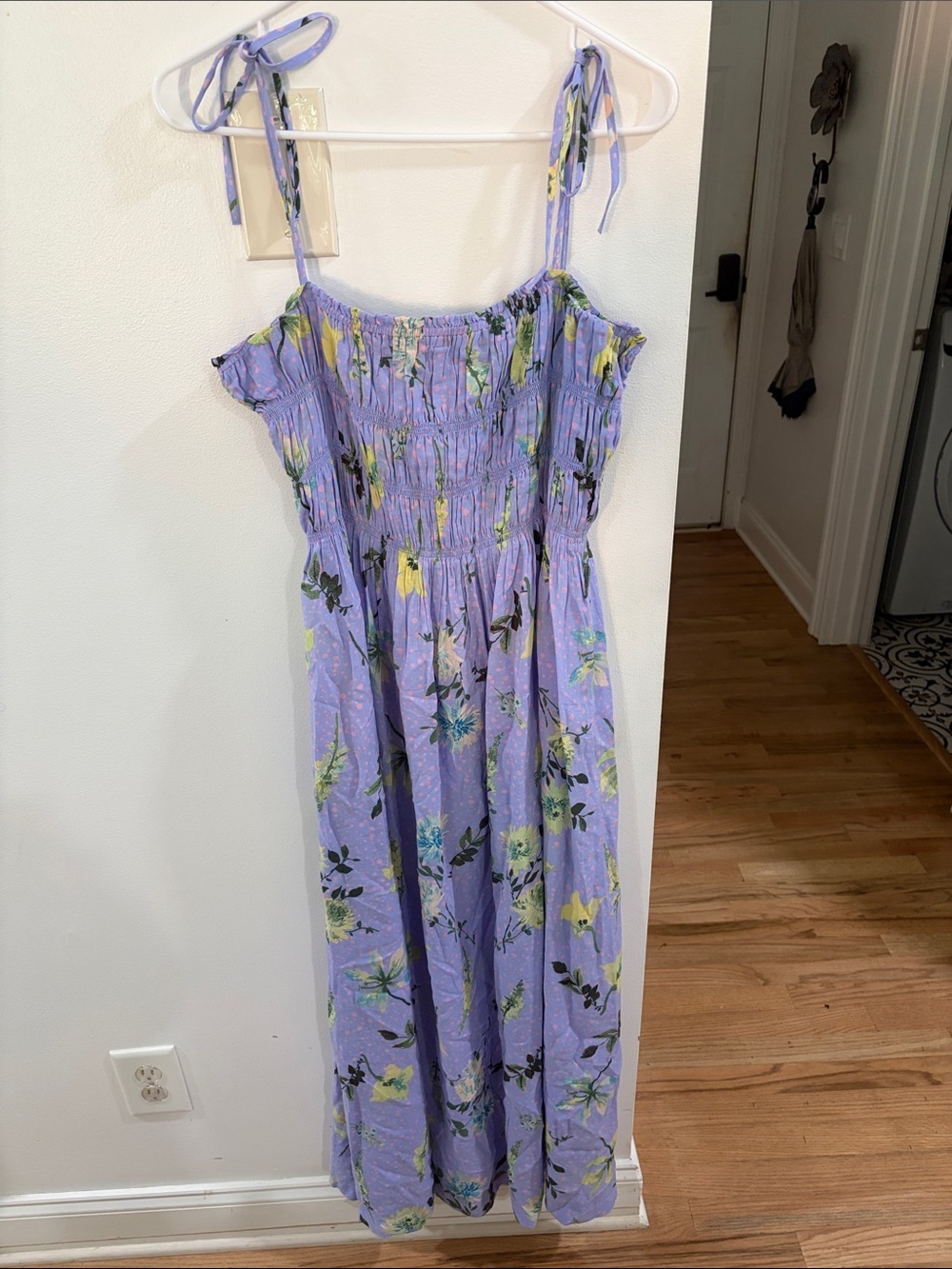 Lavender Floral Tie-Shoulder Maxi Dress with pockets and adjustable tie straps